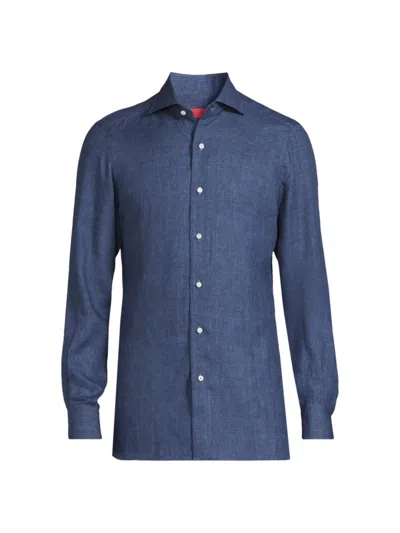 Isaia Men's Superlino Linen Button-up Shirt In Navy