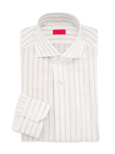 Isaia Men's Superlino Stripe Linen Shirt In Grey Stripe