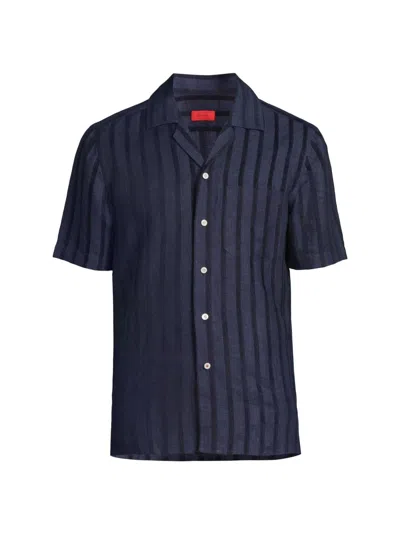 Isaia Men's Textured Wide Striped Camp Shirt In Blue