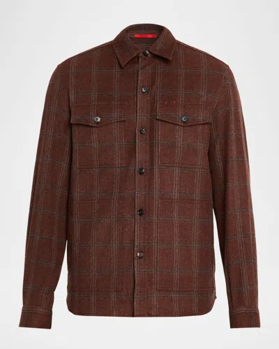 Isaia Men's Wool And Cashmere Windowpane Check Overshirt In Brown