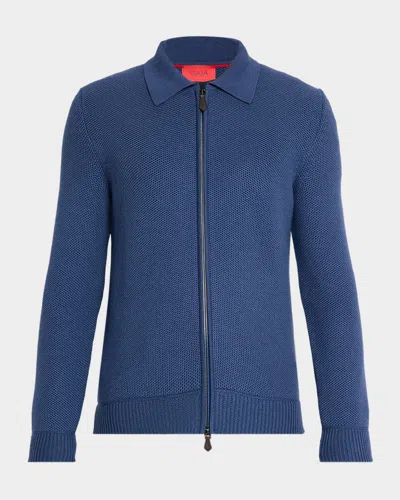Isaia Men's Wool-blend Knit Full-zip Sweater In Blue
