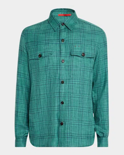 Isaia Men's Wool, Cotton, And Linen Check Overshirt In Bright Gre