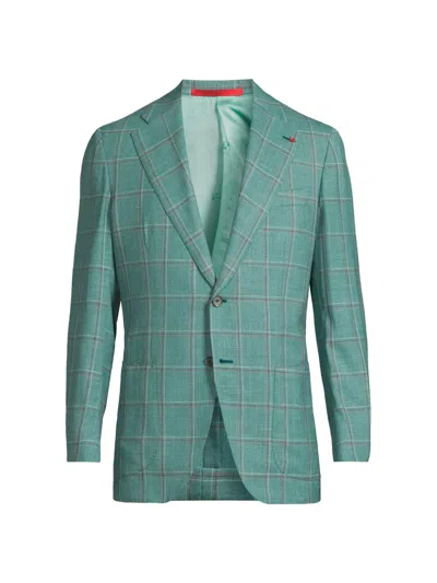 Isaia Men's Wool-silk Plaid Jacket In Green