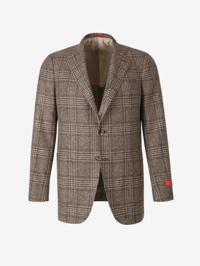 Isaia Motif Checks Blazer In Brown