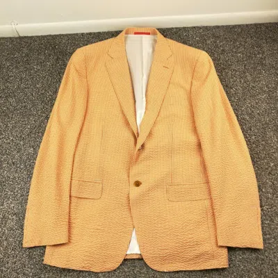 Pre-owned Isaia Napoli Sport Coat Seersucker Wool Silk Gingham Checked Orange 42r