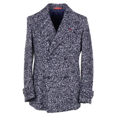 Pre-owned Isaia Navy And White Plush Boucle Cashmere Peacoat Slim 40r M (eu 50) Coat