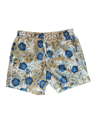 Isaia New Mens Beige Blue Big Floral Swim Trunks In Multi