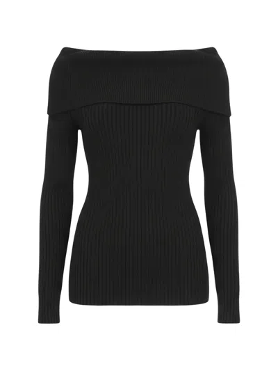 Isaia Off-shoulder Ribbed-knit Sweater In Black
