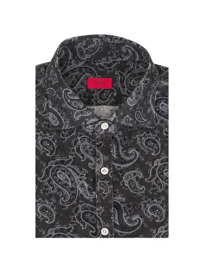 Isaia Paisley-print Corduroy Shirt In Gray