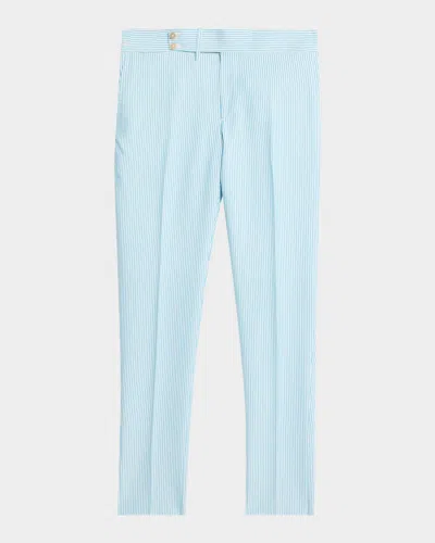 Isaia Pinstripe Seersucker Mid-rise Straight-leg Pants In Blue