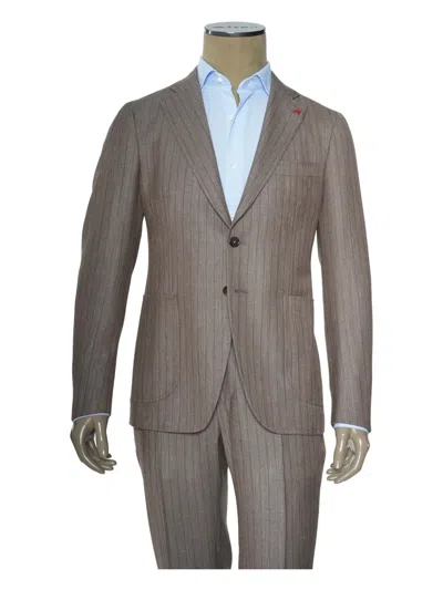 Isaia Pinstripe Wool-silk-linen Suit In Brown