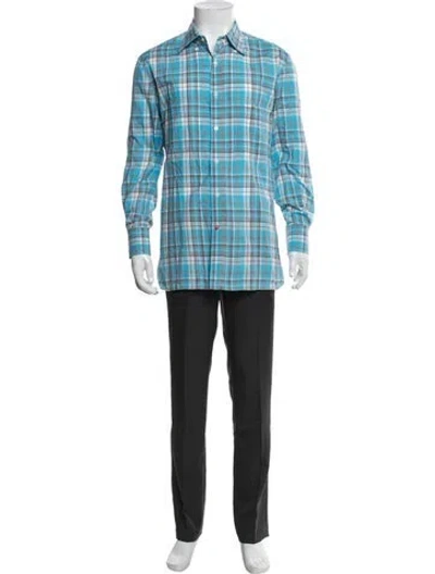 Pre-owned Isaia Plaid Print Long Sleeve Dress Shirt In Blue