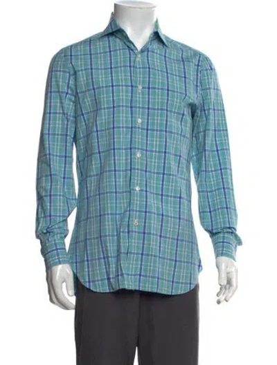 Pre-owned Isaia Plaid Print Long Sleeve Dress Shirt In Blue