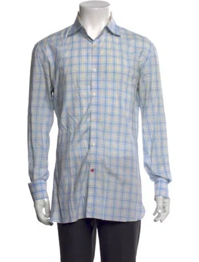 Pre-owned Isaia Plaid Print Long Sleeve Dress Shirt In Blue