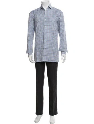 Pre-owned Isaia Plaid Print Long Sleeve Dress Shirt In Blue