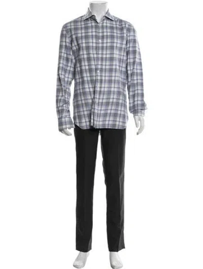 Pre-owned Isaia Plaid Print Long Sleeve Dress Shirt In Blue