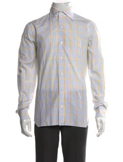 Pre-owned Isaia Plaid Print Long Sleeve Dress Shirt In Blue/yellow
