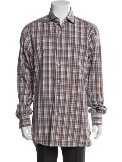 Pre-owned Isaia Plaid Print Long Sleeve Dress Shirt In Brown