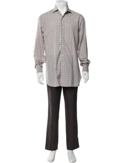 Pre-owned Isaia Plaid Print Long Sleeve Dress Shirt In Brown/white