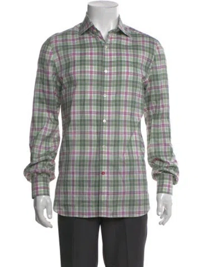 Pre-owned Isaia Plaid Print Long Sleeve Dress Shirt In Green