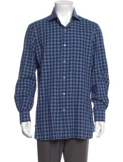 Pre-owned Isaia Plaid Print Long Sleeve Shirt In Blue