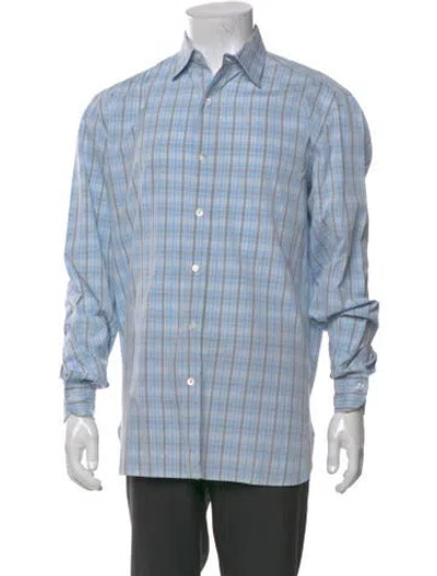 Pre-owned Isaia Plaid Print Long Sleeve Shirt In Blue