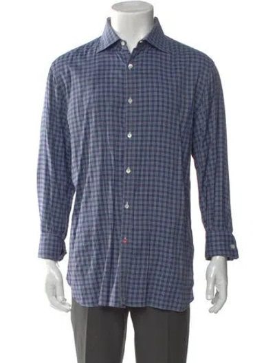 Pre-owned Isaia Plaid Print Long Sleeve Shirt In Blue