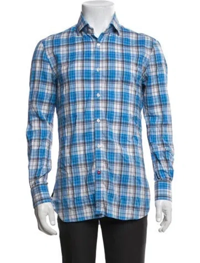 Pre-owned Isaia Plaid Print Long Sleeve Shirt In Blue