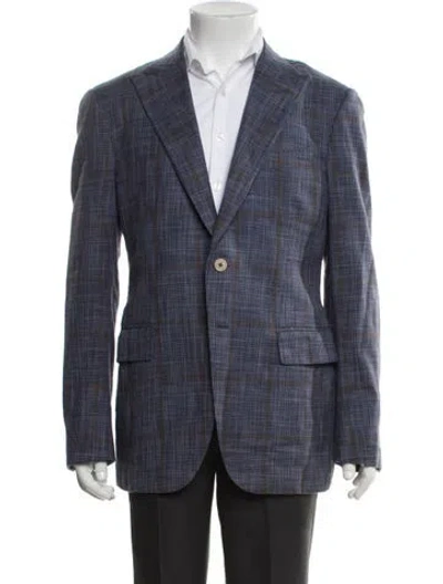 Pre-owned Isaia Plaid Print Overcoat In Blue