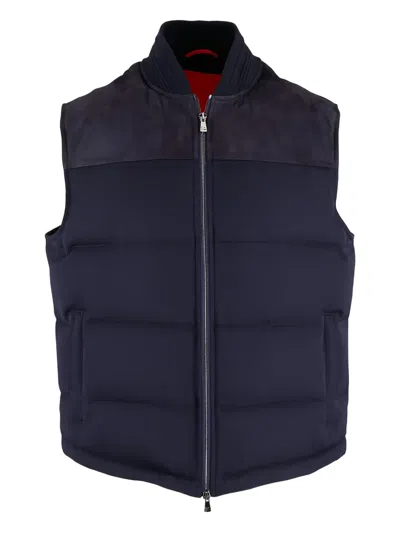 Isaia Mens Navy Blue Quilted Suede Contrast Wool Vest