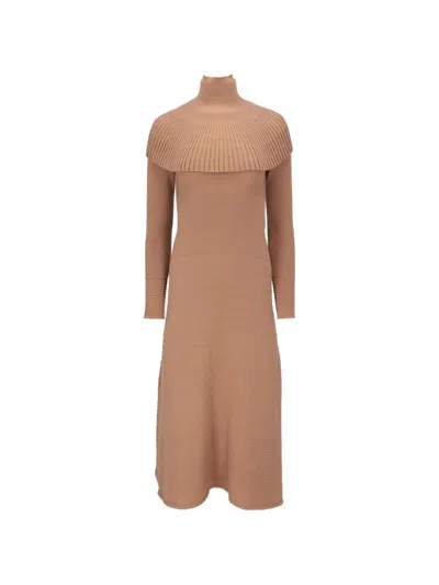 Isaia Ribbed-knit Cape-overlay Midi Dress In Neutral