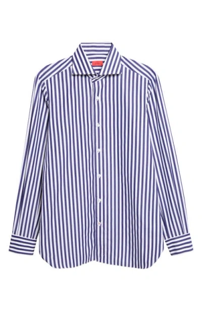 Isaia Rigato Stripe Poplin Button-up Shirt In Blue