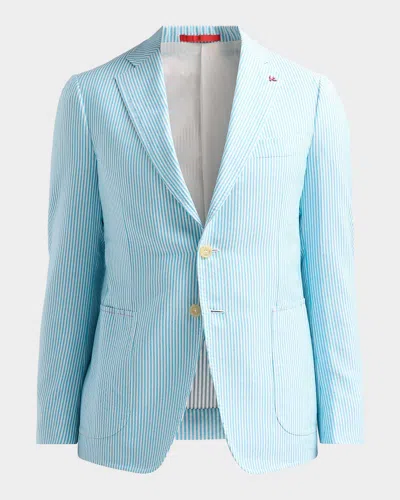 Isaia Seersucker Cotton-silk Jacket In Blue