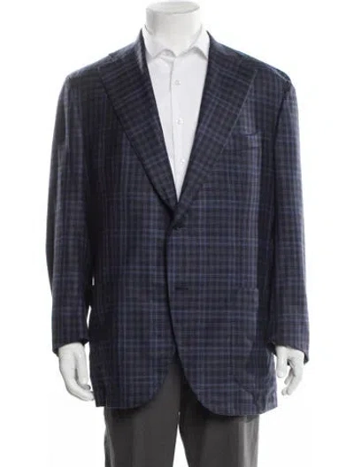 Pre-owned Isaia Silk Plaid Print Blazer In Blue