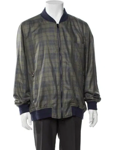 Pre-owned Isaia Silk Plaid Print Bomber Jacket W/ Tags In Green