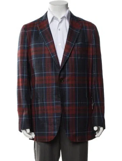Pre-owned Isaia Silk Plaid Print Jacket In Blue