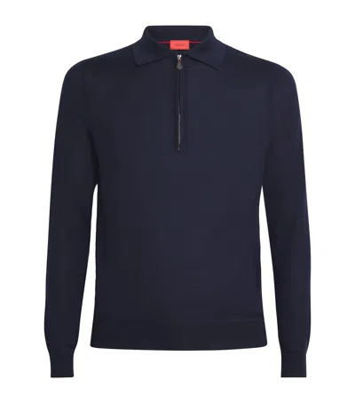 Isaia Silk-wool-cashmere Polo Shirt In Blue