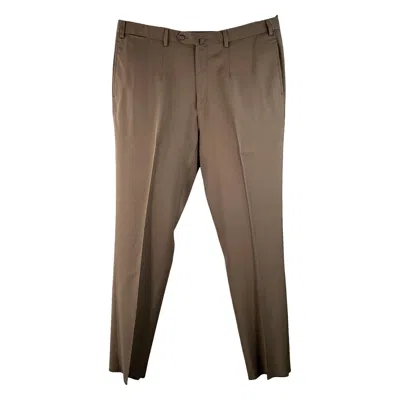 Pre-owned Isaia Size 37 Brown Twill Wool Flat Front Dress Pants