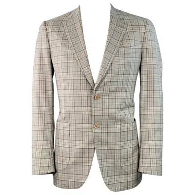Pre-owned Isaia Size 44 Long Grey Taupe Plaid Wool Notch Lapel Sport Coat In Gray