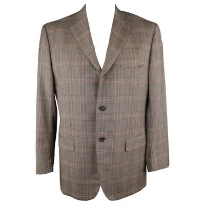 Pre-owned Isaia Size 46 Long Brown Plaid Wool Notch Lapel Sport Coat