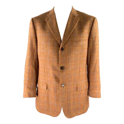 Pre-owned Isaia Size 46 Orange Blue Camel Plaid Wool Blend Notch Lapel Sport Coat