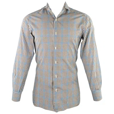 Pre-owned Isaia Size M Brown White Blue Checkered Cotton Spread Collar Long Sleeve Shirt