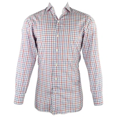 Pre-owned Isaia Size M Burgundy White Blue Plaid Cotton Spread Collar Long Sleeve Shirt