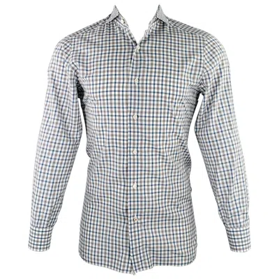 Pre-owned Isaia Size M White Green Plaid Cotton Spread Collar Long Sleeve Shirt