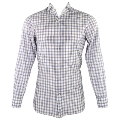 Pre-owned Isaia Size M White Grey Purple Plaid Cotton Spread Collar Long Sleeve Shirt