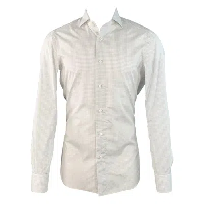 Pre-owned Isaia Size S White Grey Checkered Cotton Spread Collar Long Sleeve Shirt