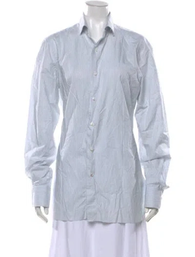 Pre-owned Isaia Striped Long Sleeve Button-up Top In Blue