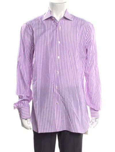 Pre-owned Isaia Striped Long Sleeve Dress Shirt In Purple