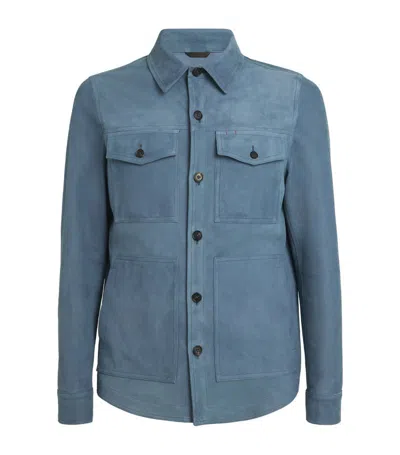 Isaia Suede Overshirt In Blue