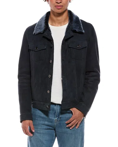 Isaia Suede Trucker Jacket In Blue